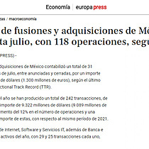 El mercado de fusiones y adquisiciones de Mxico crece un 12% hasta julio, con 118 operaciones, segn TTR